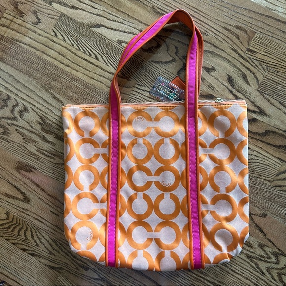 Coach Poppy OP Art Glam orange and pink jacquard canvas tote bag purse EEUC NWOT - Picture 2 of 16